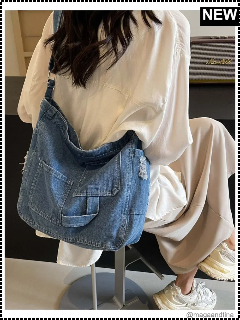 Denim Hobo Crossbody Bag Multi Pocket Adjustable Strap Casual Tote Purse